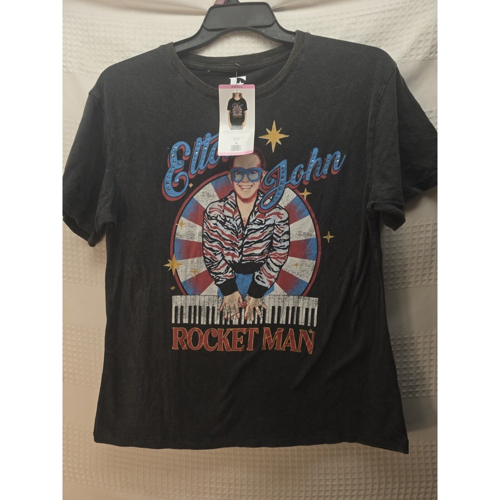 Elton John Rocket Man T-Shirt Womens Large Washed Black Rhinestone Cotton 6824